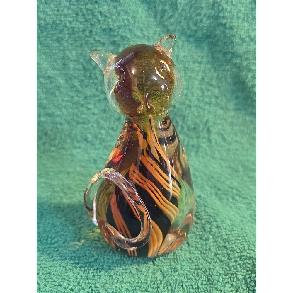 Murano Style Glass Cat Paperweight Amber w/ Blue White Swirl - Picture 3 of 7
